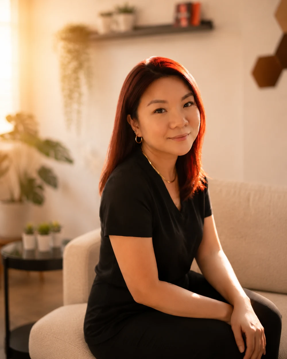 June Wang, registered nurse and founder of Arumi Aesthetics, seated in the clinic